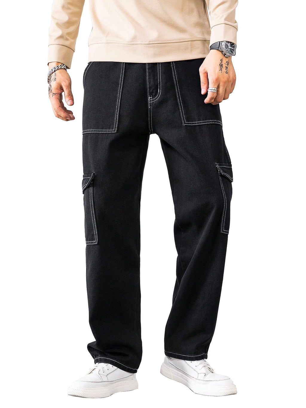 AVANOVA Black Bell-Bottom Men Cargo Jeans II Men Cargo Pants II Denim Cargo for Men II Cotton Pant II Wide Legs II Flap Pockets 