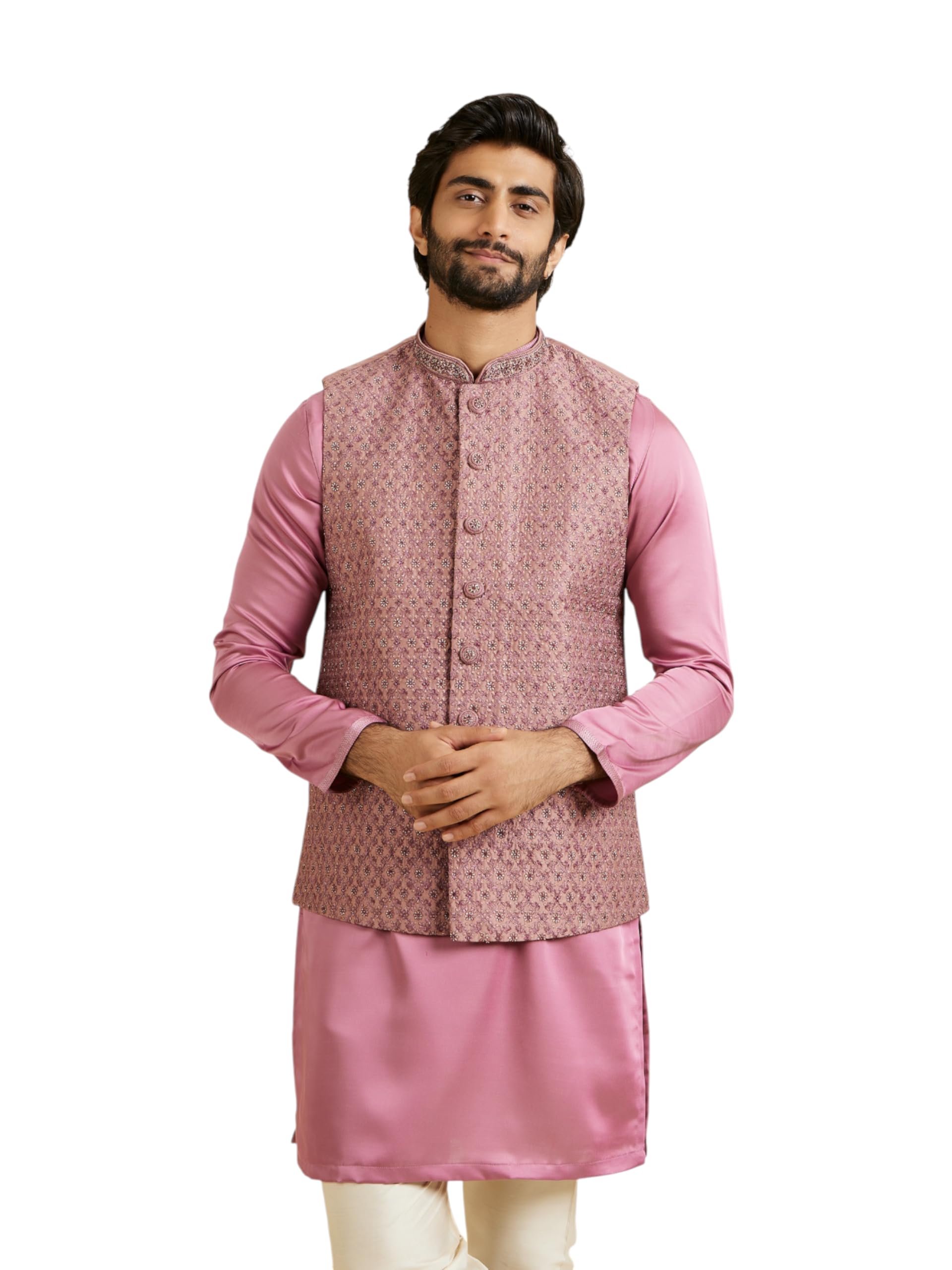 Manyavar Mens Art Silk Floral Embroidered & Embellished Nehru Jacket(Dusty Pink,XXL)