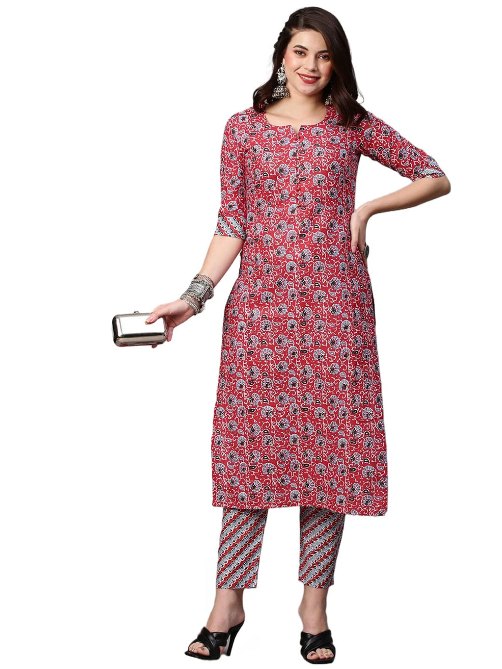 ANNI DESIGNER Women's Cotton Blend Printed Straight Kurta with Pant (Janar Red-Nw01_M_Red_Medium)