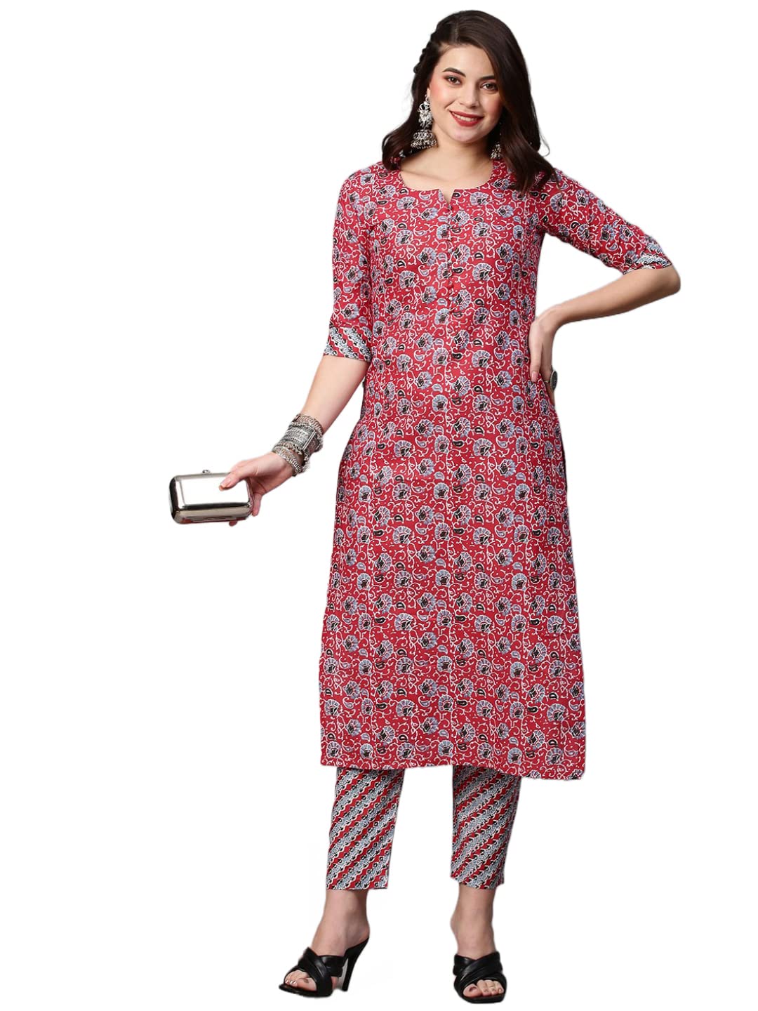 ANNI DESIGNER Women's Cotton Blend Traditional Straight Printed Kurta with Pant Set (Janar Red-FBF001_L_Red_Large)