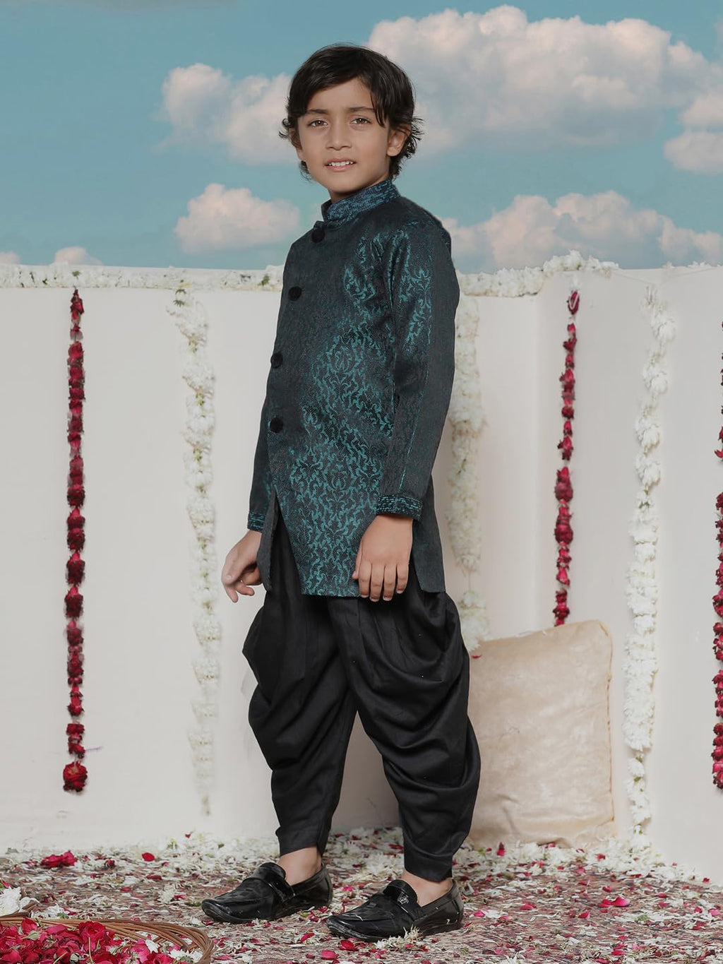 Jbn Creation Boys Turquoise Silk Blend Woven Sherwani Top Only