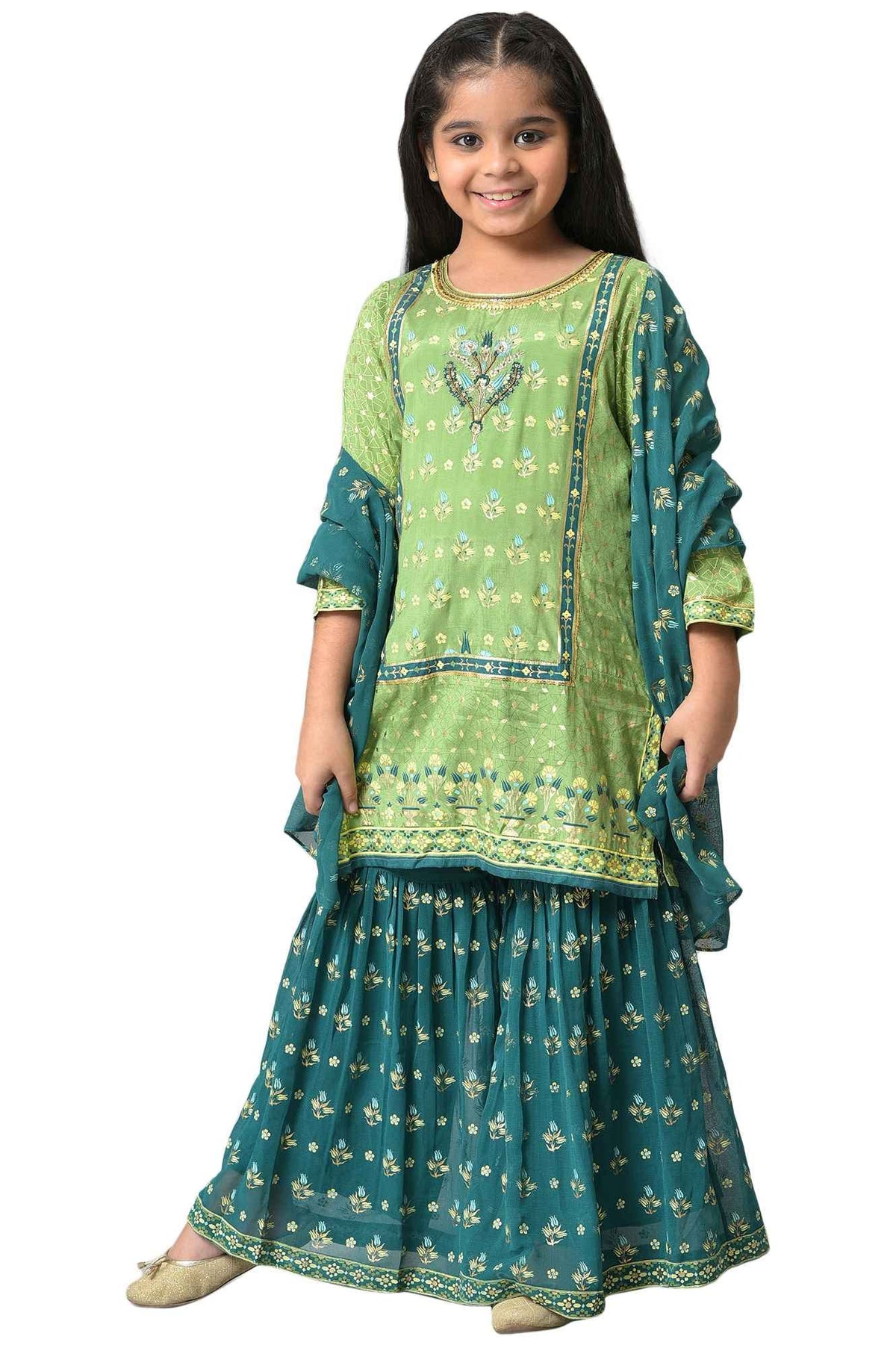Aurelia Girls Viscose Kurta-Sharara-Dupatta (22AUG10150C-504350_Green