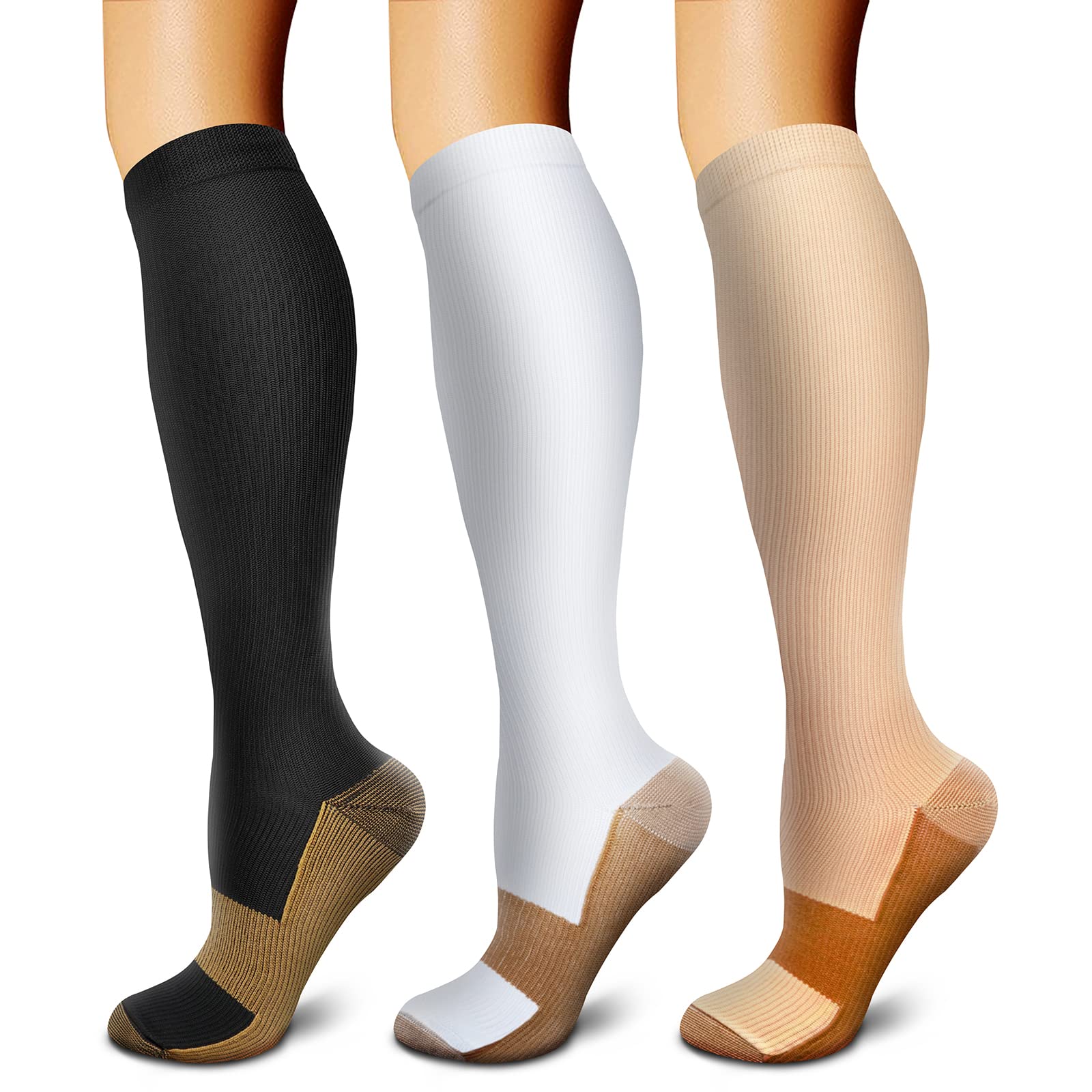 FEYHAY Copper Compression Socks (3 Pairs) 15-20 mmHg Circulation is Best Athletic & Daily for Men & Women, Running, Climbing (Sm