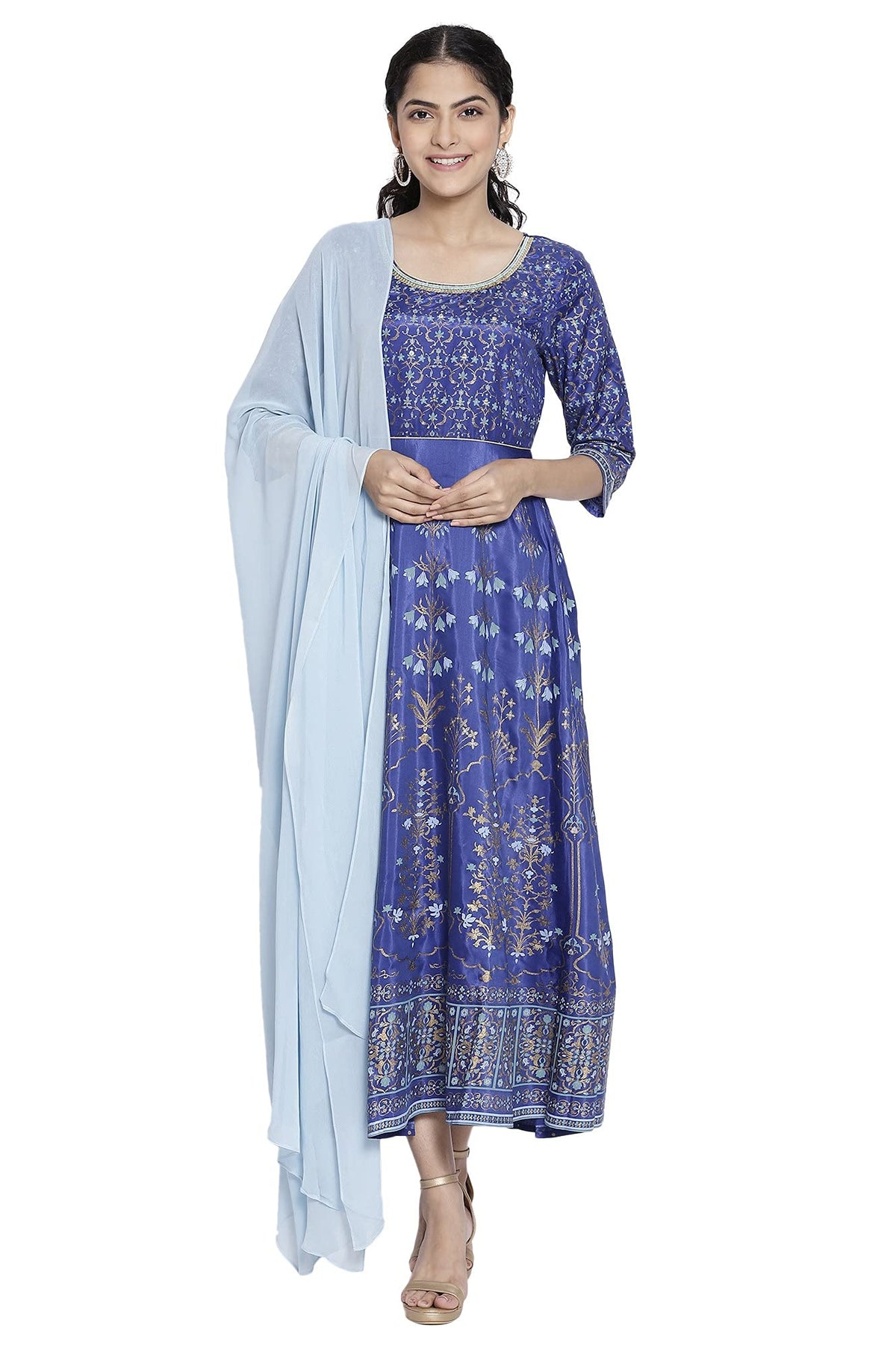 Aurelia WomenS Polyester Blue Printed Ethnic Dress-Dupatta Set Ankle Length (21Aud10402-503299_Royal S)