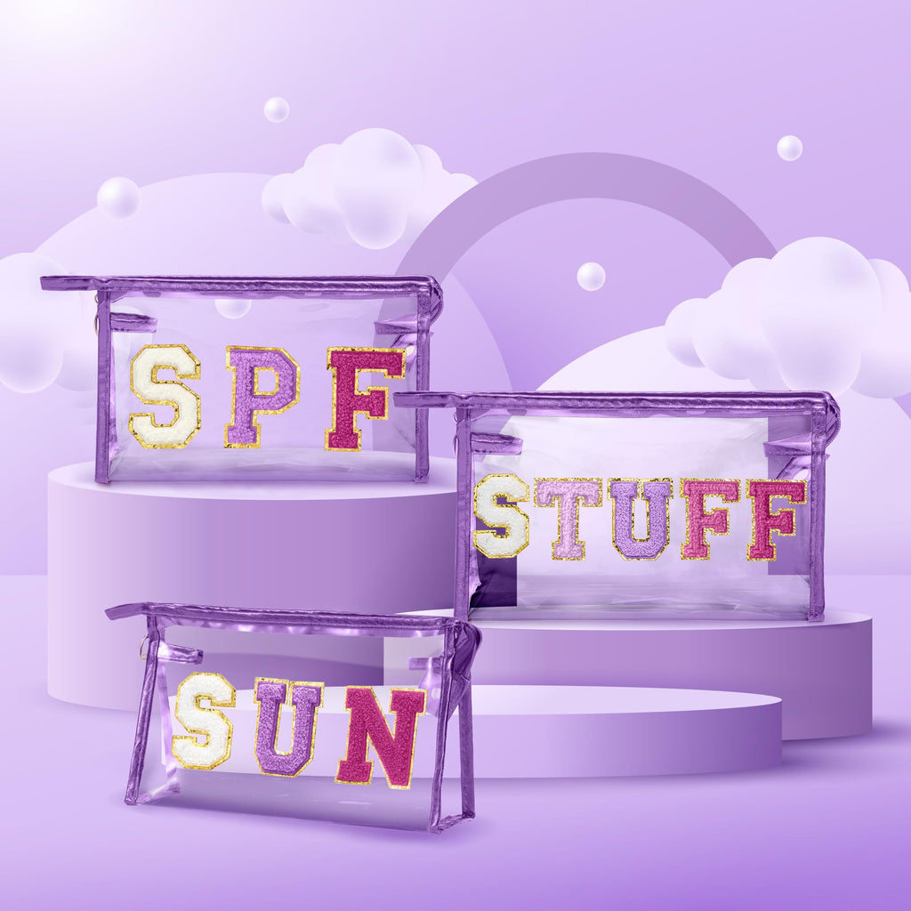 Y1tvei SUN STUFF Makeup Bag - 2Pcs Preppy Patch Chenille Varsity Letter Transparent PVC Extra Large Clear Cosmetic Pouch Portabl