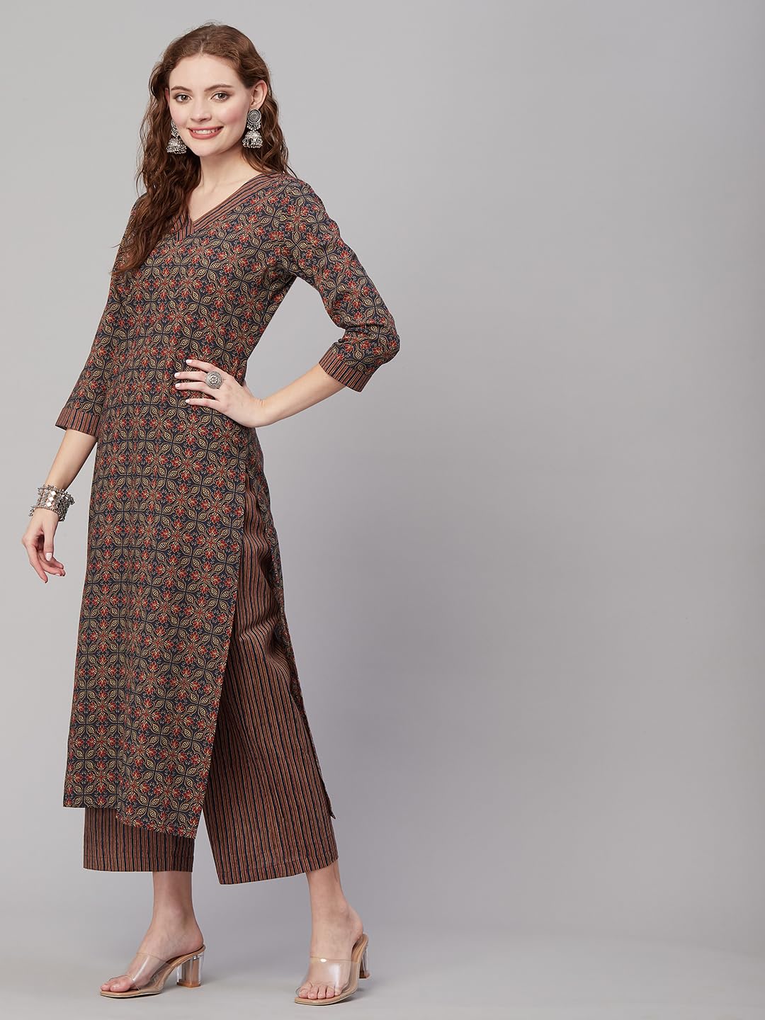 ANNI DESIGNER Womens Cotton Blend Printed Straight Kurta with Pant (Pini Black_XL_Black_X-Large)