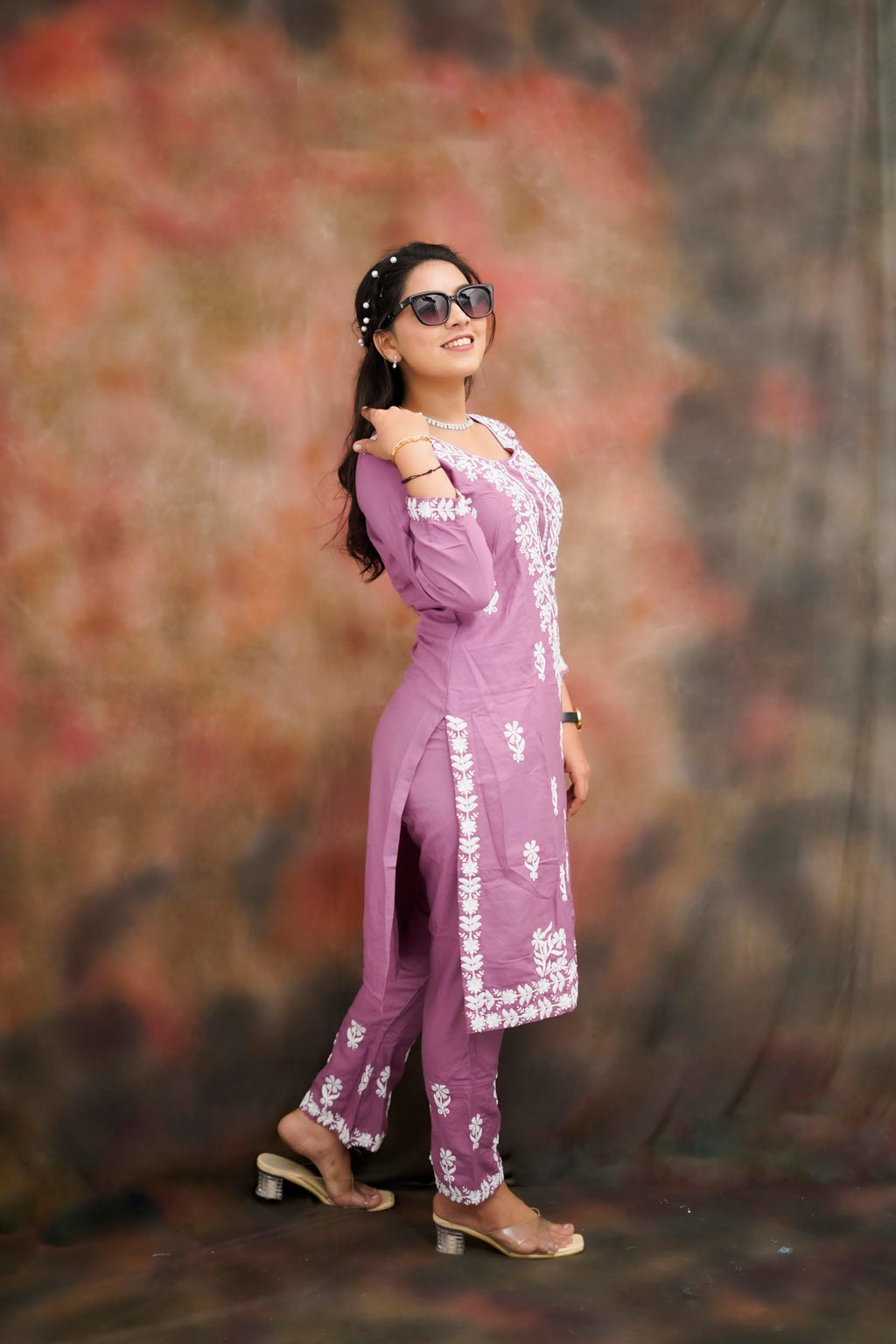 BHARVITA Women Embroidered Cotton Blend Lucknowi Chikankar Kurti Pant (2XL, Peach)