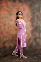 BHARVITA Women Embroidered Cotton Blend Lucknowi Chikankar Kurti Pant (2XL, Peach)
