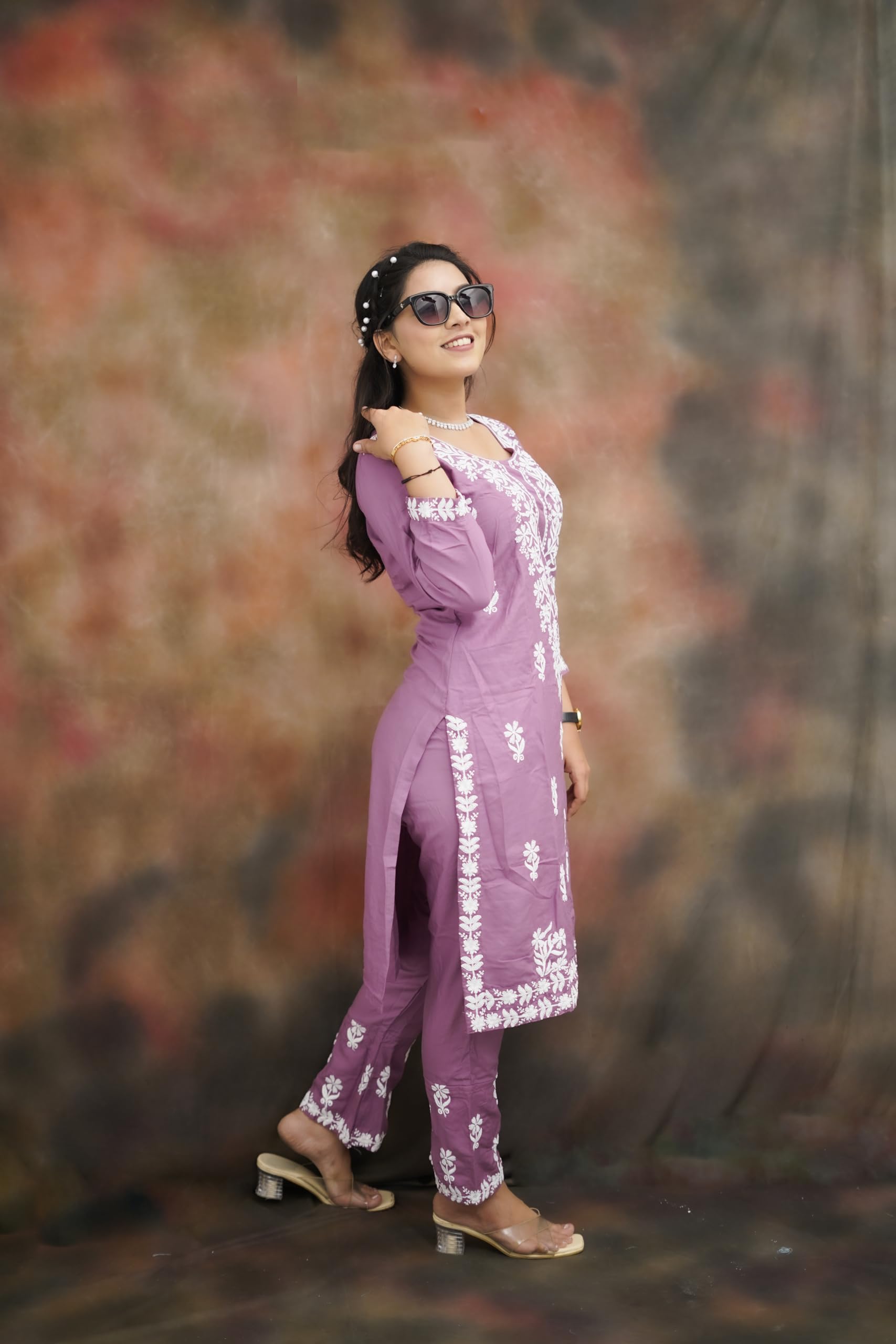 BHARVITA Women Embroidered Cotton Blend Lucknowi Chikankar Kurti Pant (2XL, Peach)