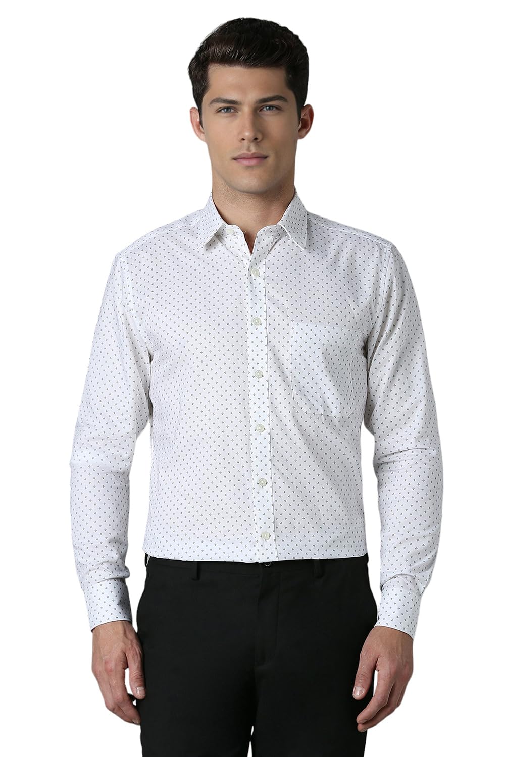 Men White Slim Fit Dots Full Sleeves Formal Shirt