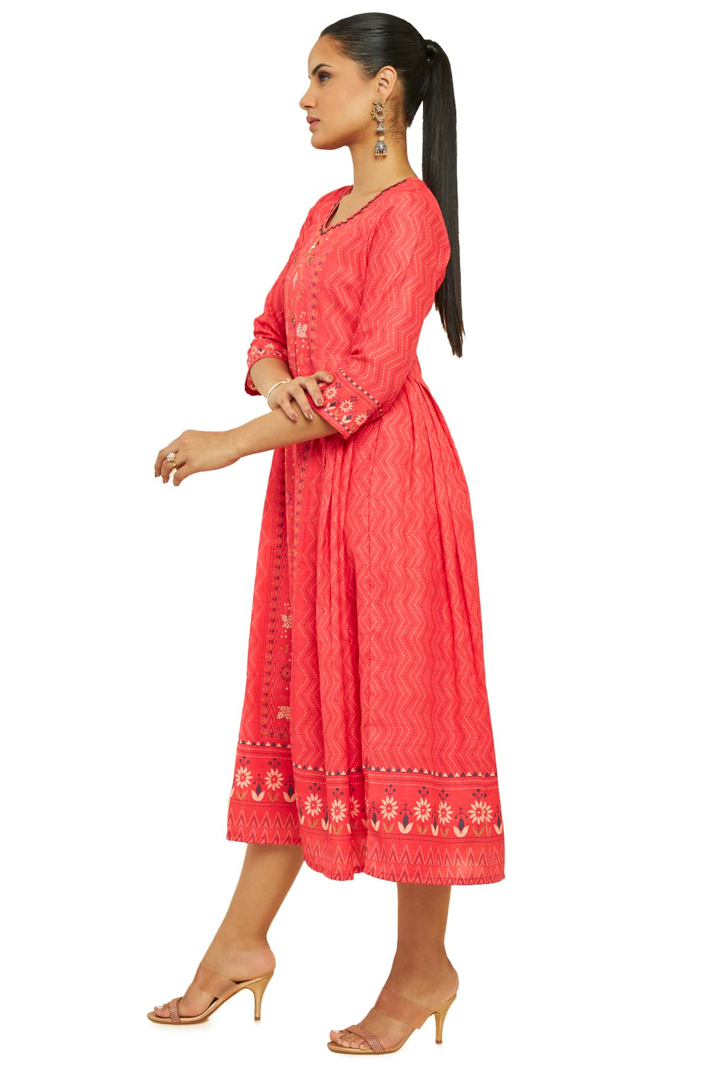 Soch Women Red Cotton Blend Printed Dress Kurta