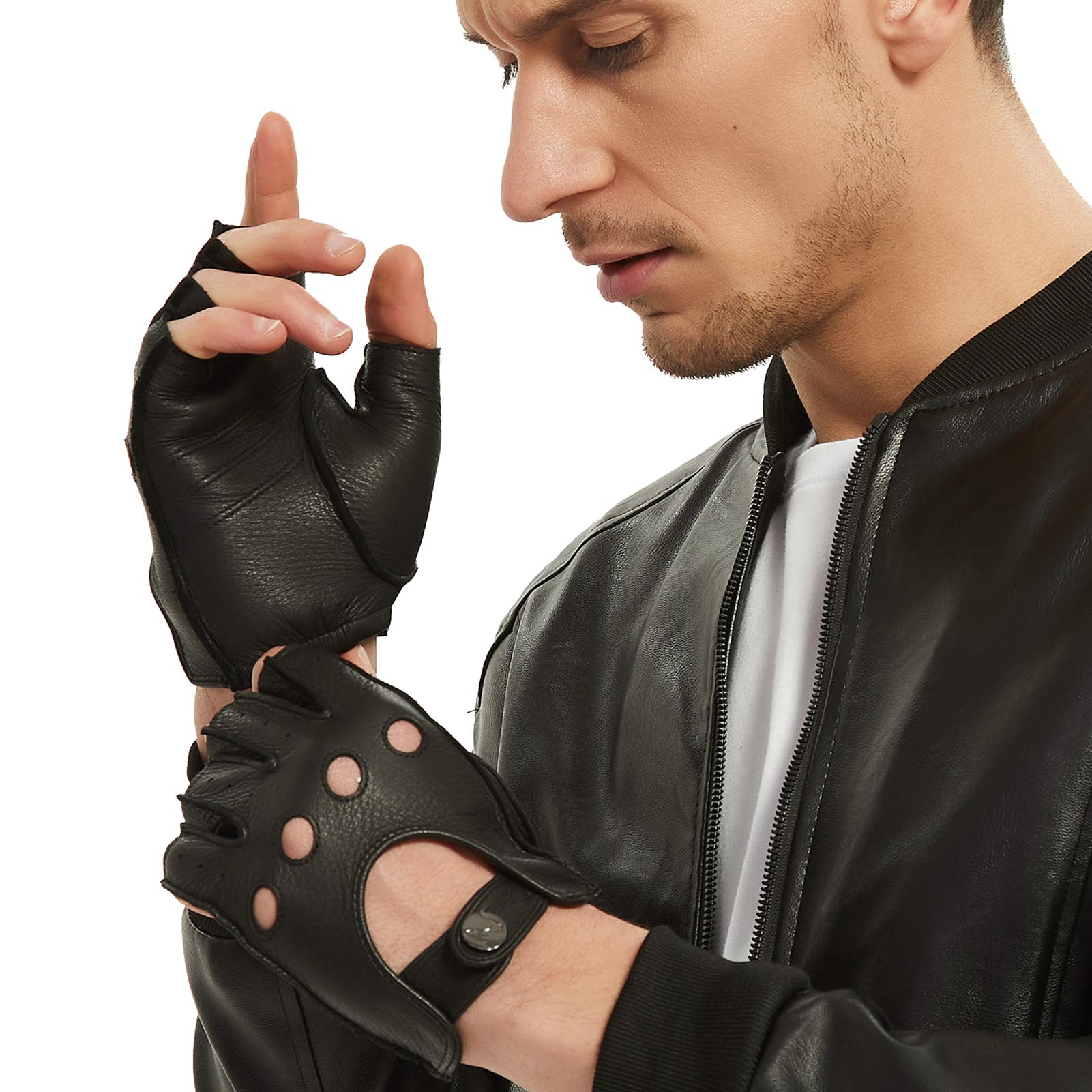 NOVBJECT Fingerless Leather Gloves Men Driving Gloves Deerskin Unlined Half Finger Motorcycle Outdoor (Black, L)