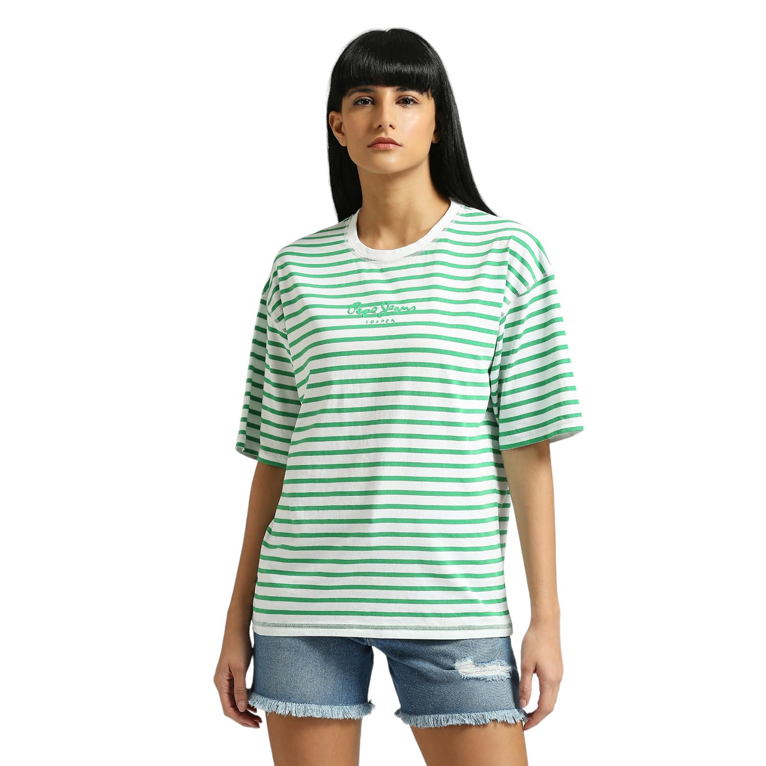 Pepe Jeans WomenS Striped Oversized Fit T-Shirt (Pl505915_Pop Green