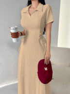 Shasmi Womens Skin Solid Color Applique Lace-Up Collared Short Sleeve, Side-Tie Waist Long Casual Maxi Women Dress Outfit Long E