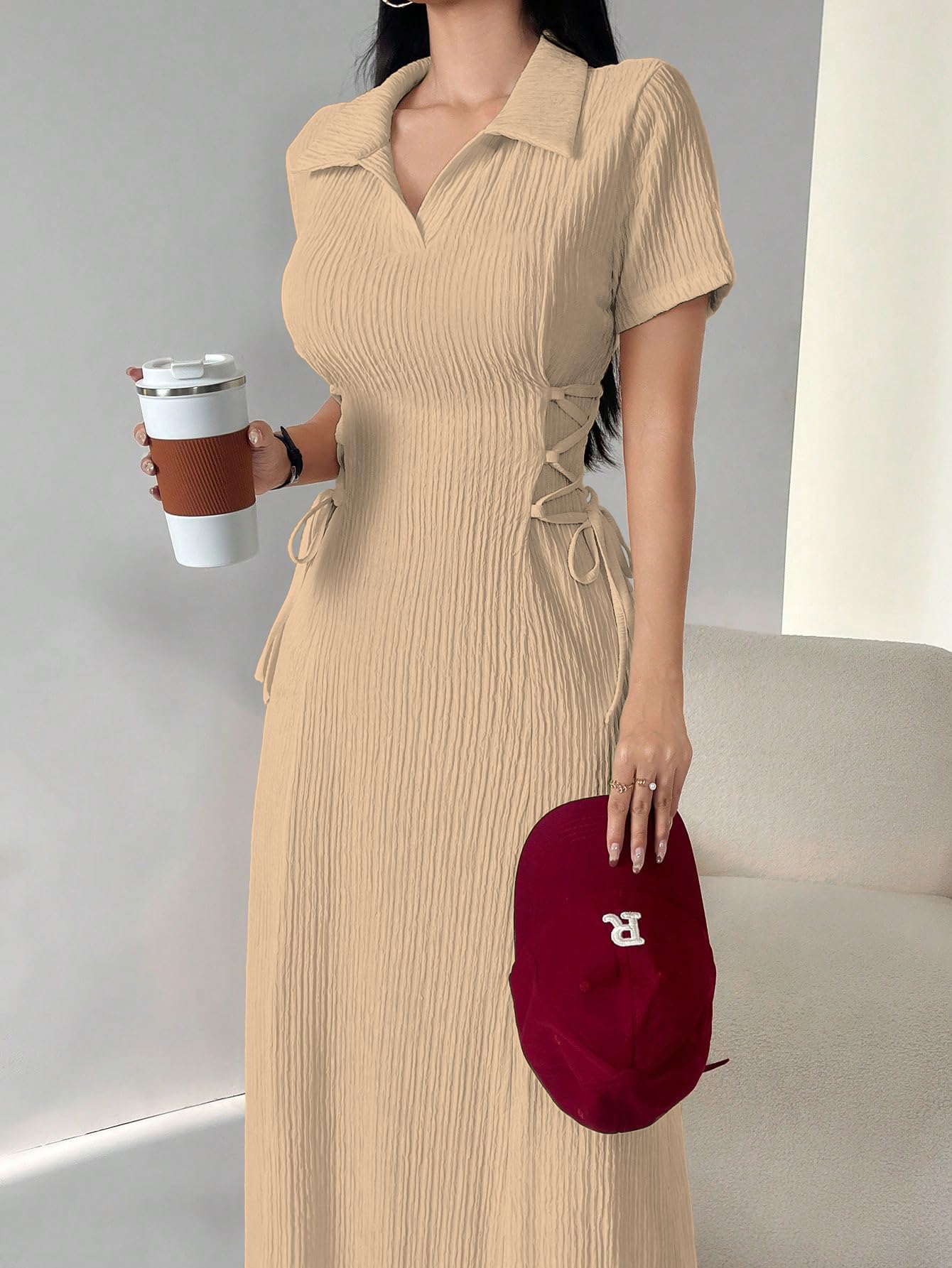 Shasmi Womens Skin Solid Color Applique Lace-Up Collared Short Sleeve, Side-Tie Waist Long Casual Maxi Women Dress Outfit Long E