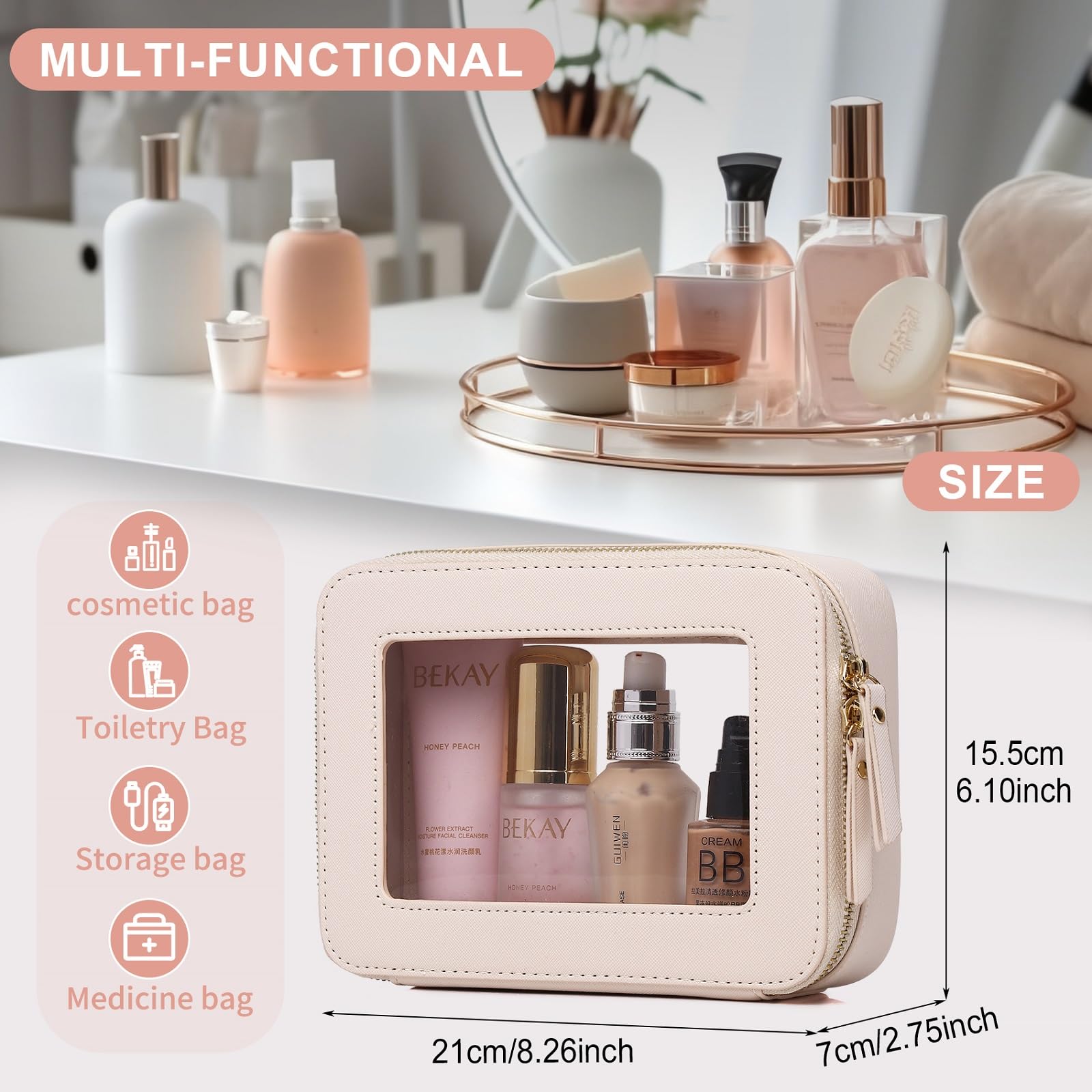Pinkmik Clear Makeup Bag Travel Case Portable transparent Cosmetic Bag Clear Travel Toiletry Bag Skincare Bag Makeup Bag