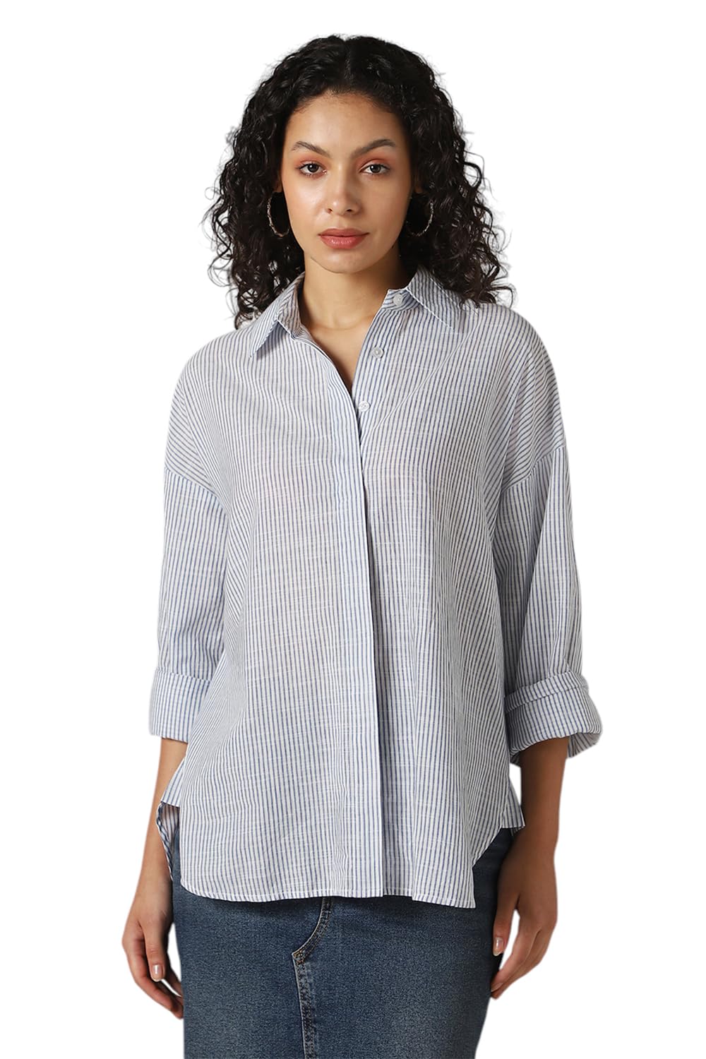 Hubberholme Women Striped Longline Length Oversized Spread Collar Spread Collar Long Sleeve Shirt
