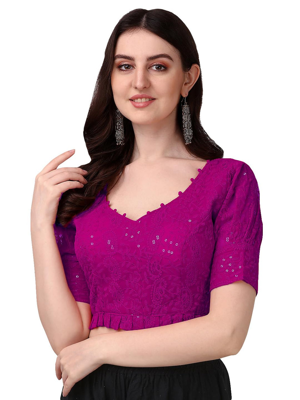 Pujia Mills Womens Georgett Lucknowi Embroidery Puff Sleeve Tie UP Blouse (Lucknowi Tie) (Dark Pink, 36)