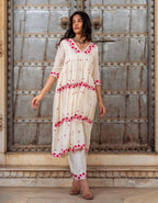 ANNI DESIGNER Anarkali Women s Embroidered Rayon Blend Kurta with Trousers and Dupatta, cream, Small