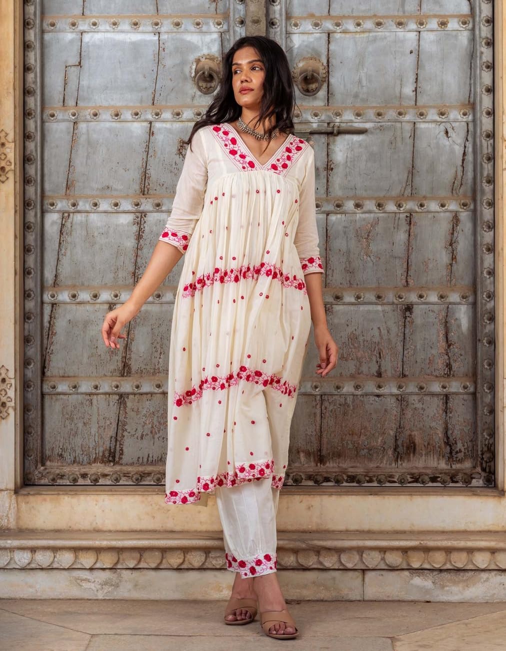 ANNI DESIGNER Anarkali Women s Embroidered Rayon Blend Kurta with Trousers and Dupatta, cream, Small