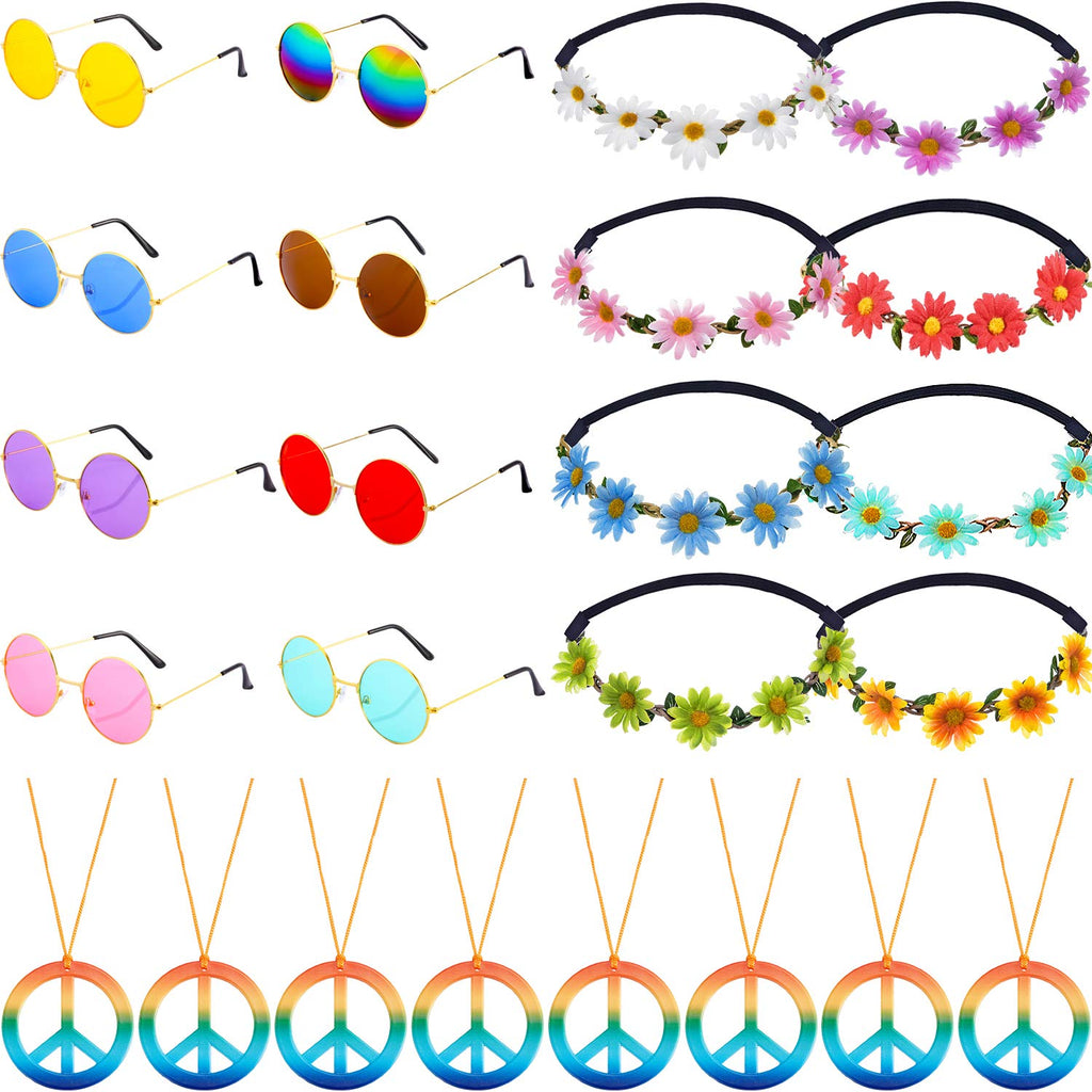 Frienda 24 Pieces Hippie Costume Accessories Set 60s 70s Party Decorations Hippie Includes Boho Peace Sign Necklaces Daisy Sunfl