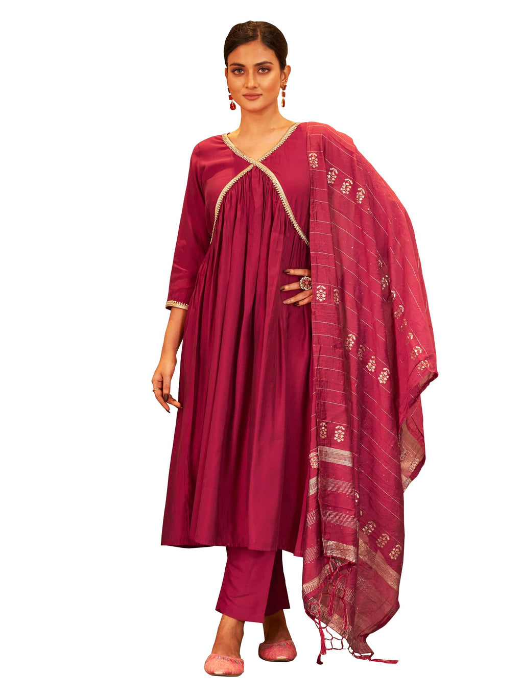 Womanista WomenS Silk Blend Stone Work Kurtaset 1182A_Magenta