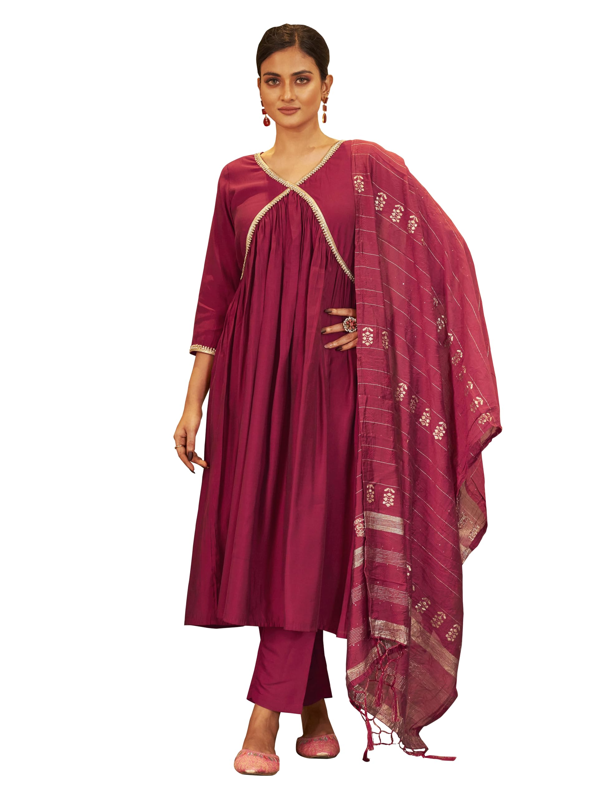 Womanista WomenS Silk Blend Stone Work Kurtaset 1182A_Magenta