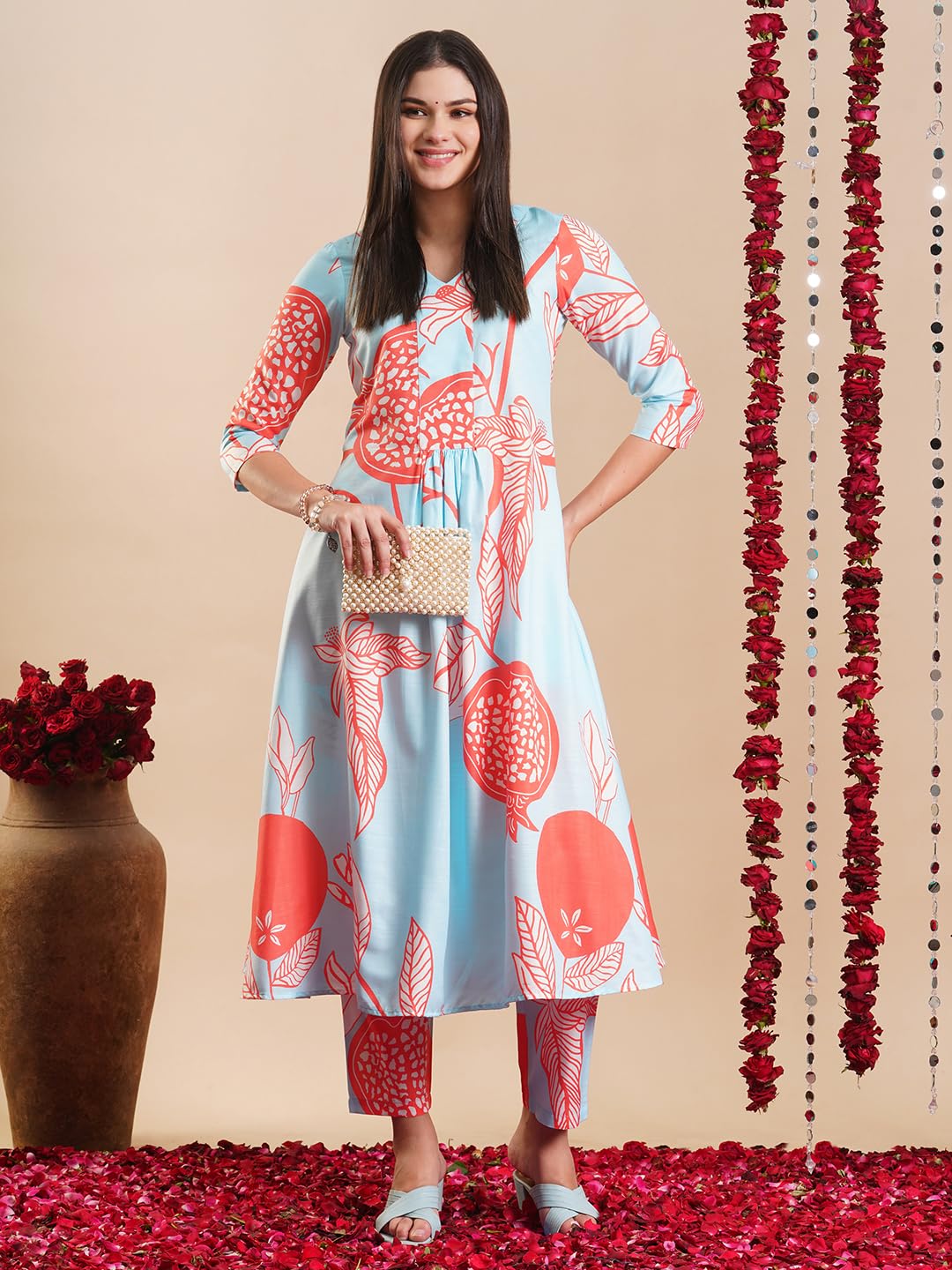 ANNI DESIGNER Women s Rayon Blend Kurta with Pants, Orange, XL