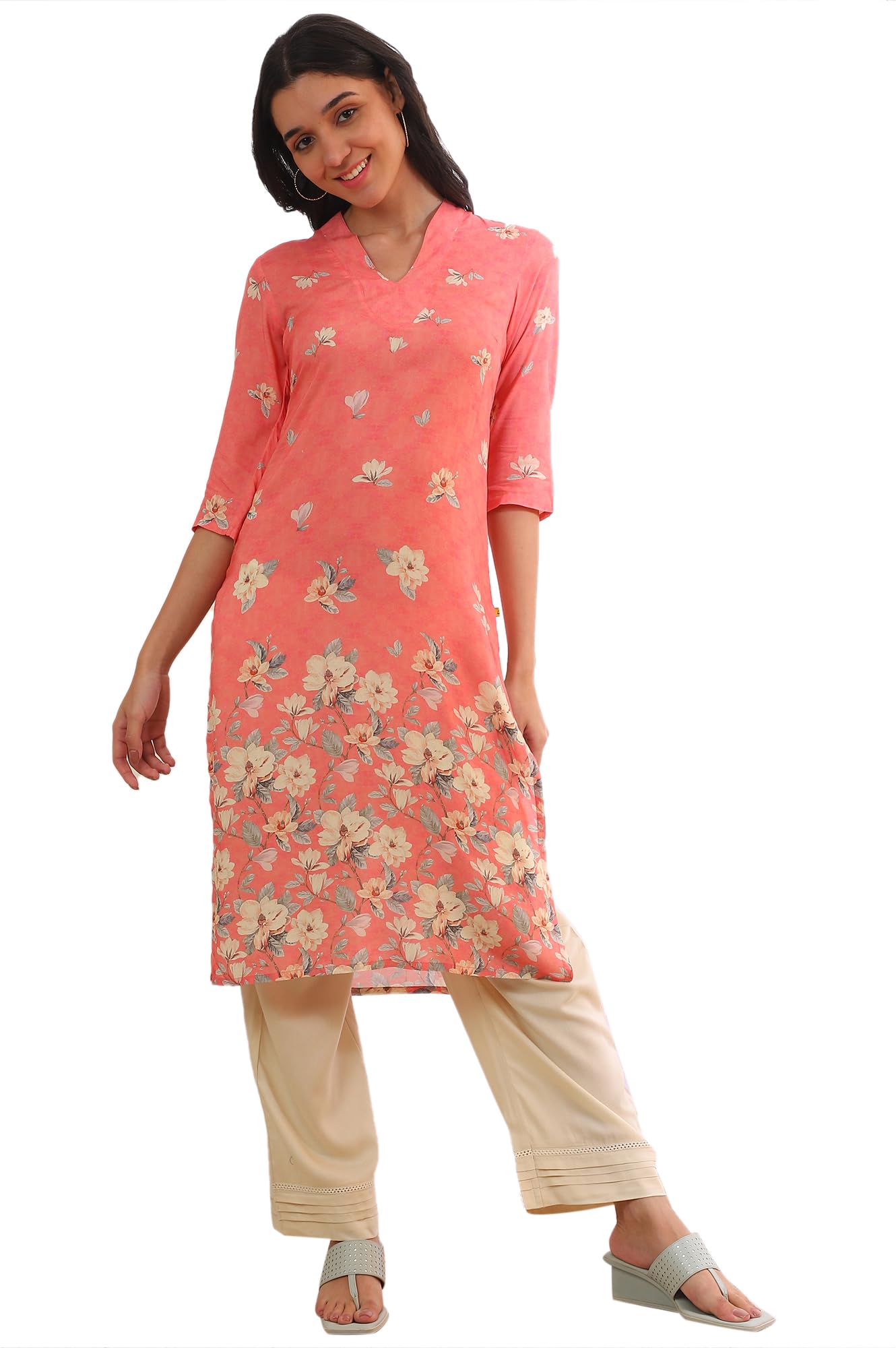 Aurelia Womens Pink Printed Straight Kurta (Size: L)-A15590-507979
