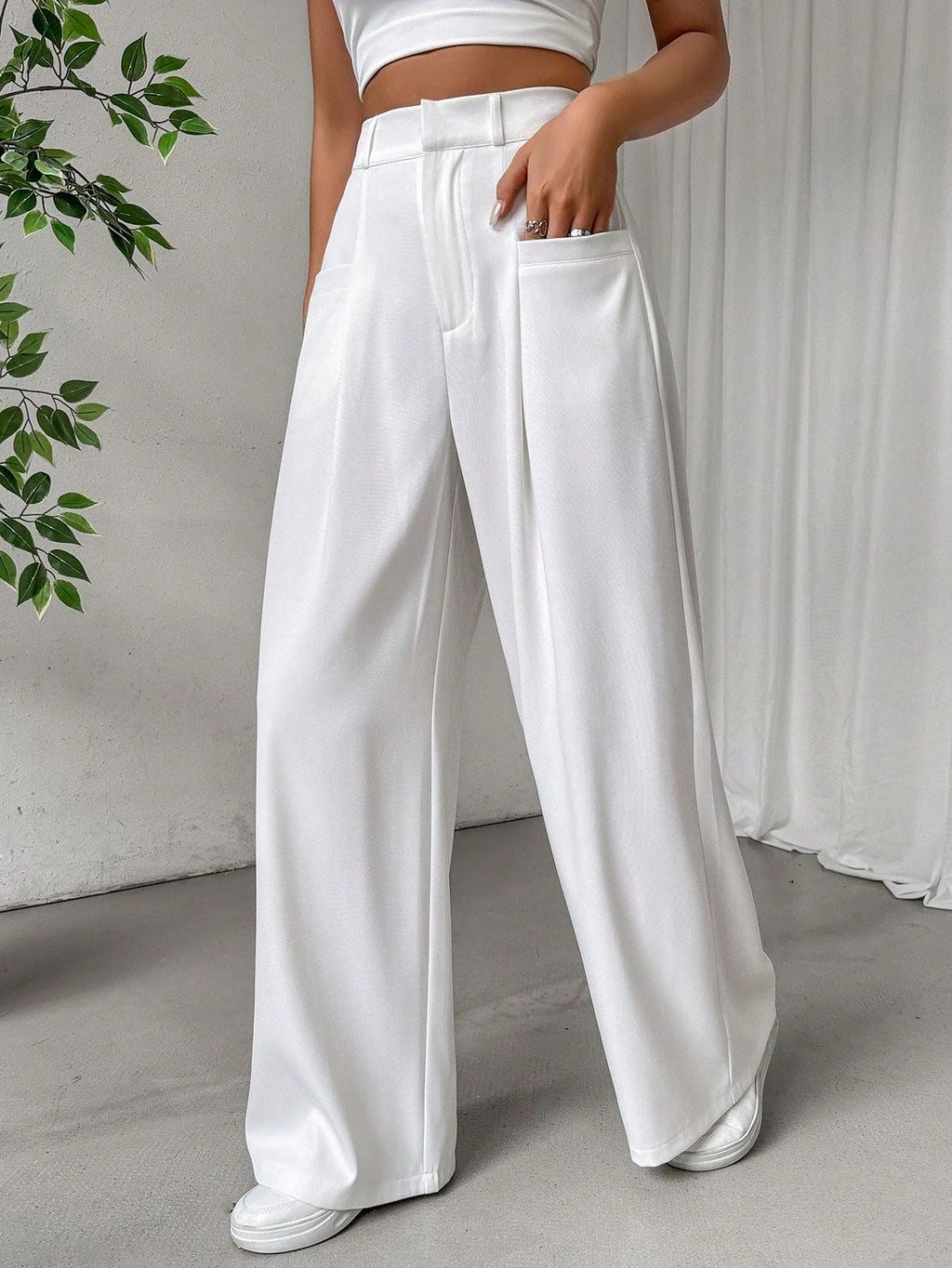 Shasmi Women & Girls Solid White Color Loose Fit, Pleated Trousers, Wide Leg Pocket Casual Long Korean Trousers Pant (Pant 146 W