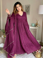 ANNI DESIGNER Womens Rayon Viscose Yoke Anarkali Kurta with Pant & Dupatta (Suruchi Wine_XXL_Wine_XX-Large)