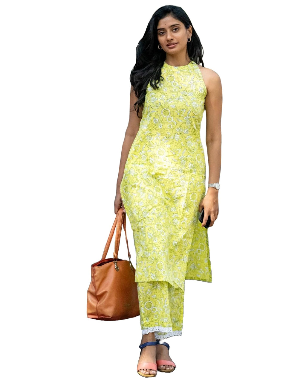 ANNI DESIGNER Womens Rayon Blend Straight Block Printed Kurta with Pant (Lemon-Lime_XL_Green_X-Large)