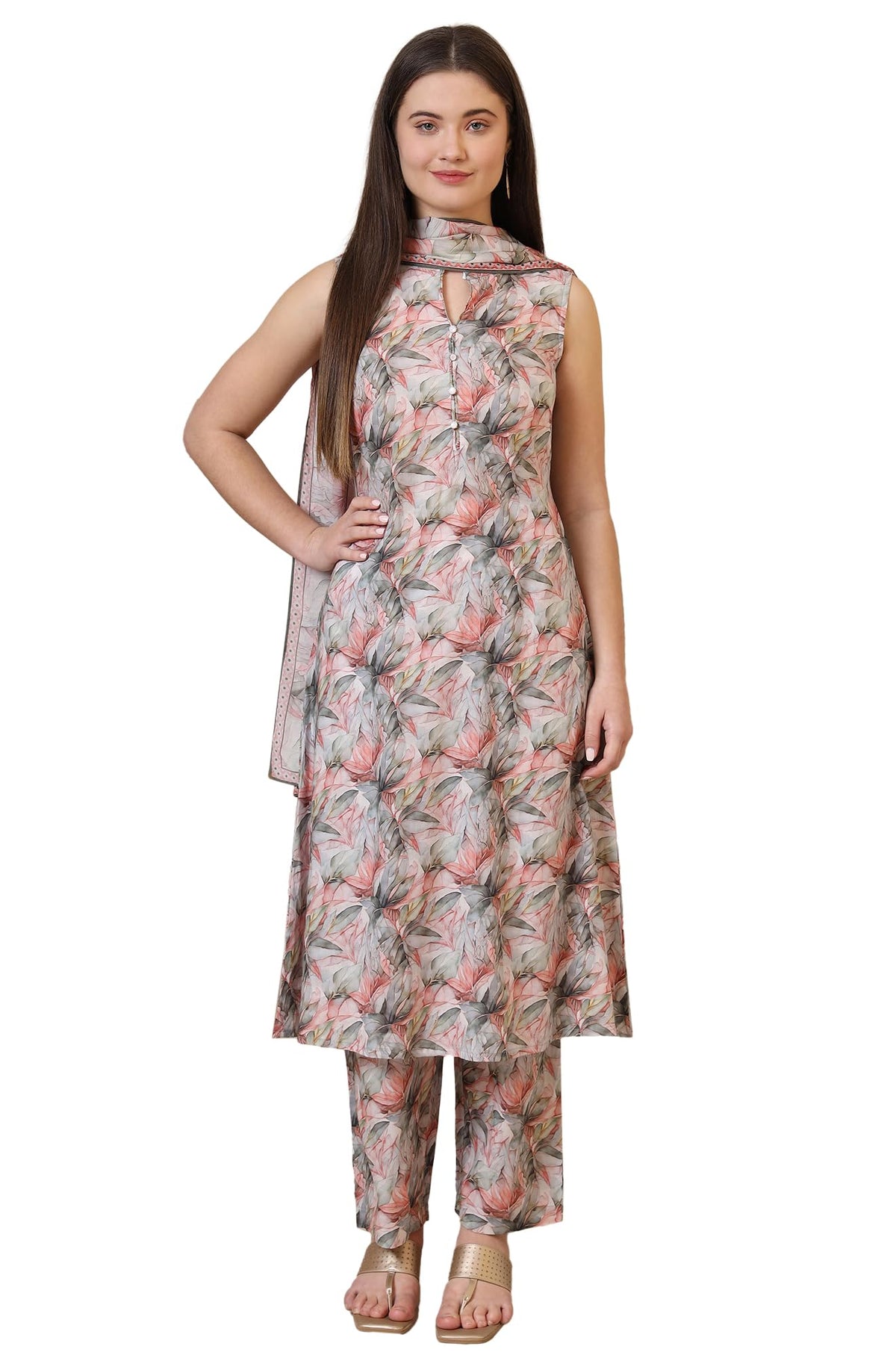 Aurelia WomenS Multi-Coloured Digital Floral Printed Sleeveless A-Line Kurta And Palazzo Set With Dupatta (Size: L)-As15585-508