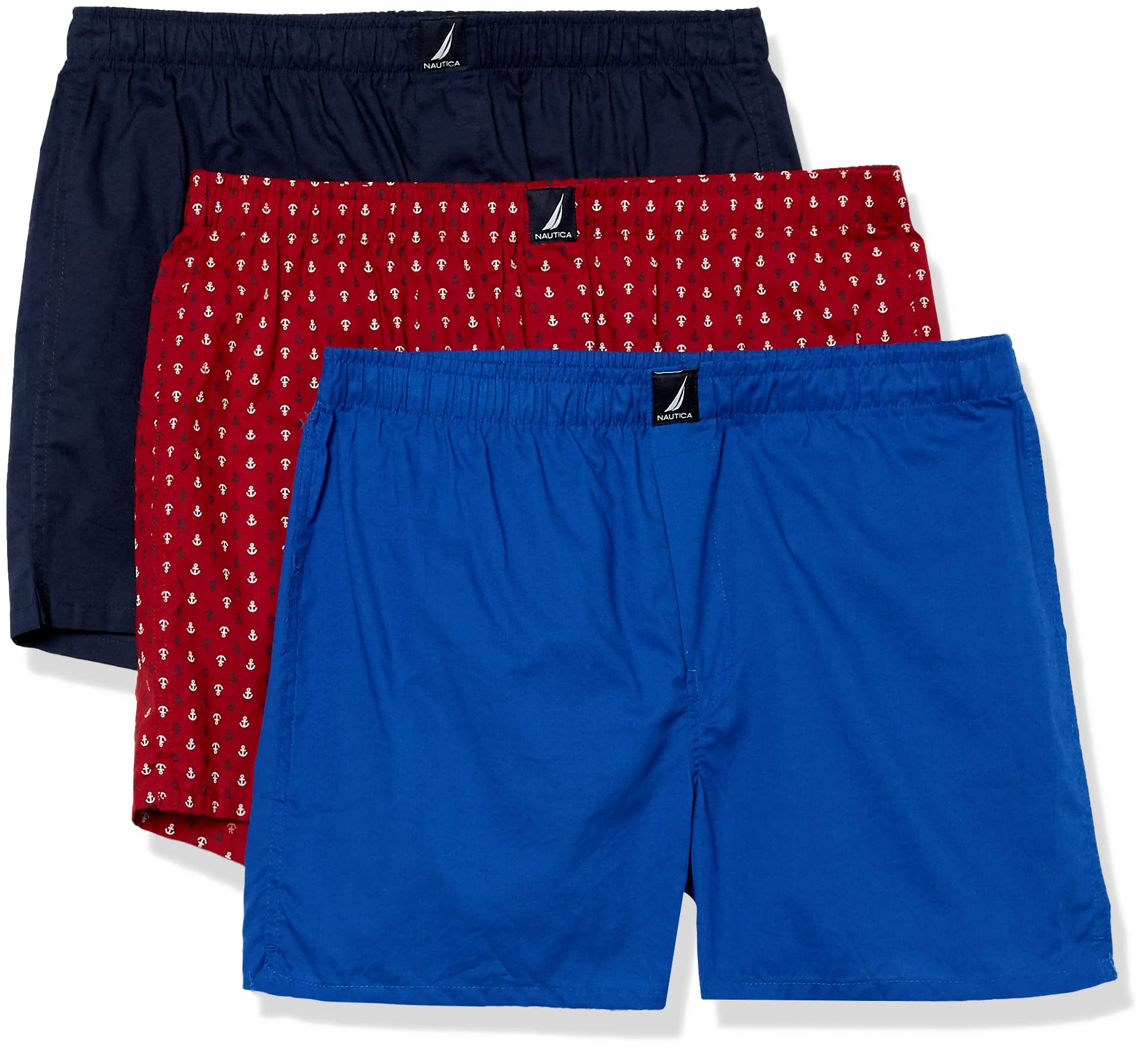 Nautica Mens cotton Woven 3 Pack Boxer, PeacoatBright cobaltAnchor Print Red, Medium