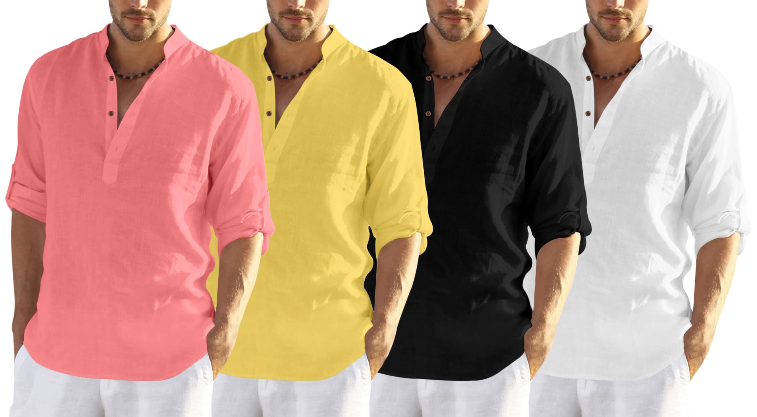 Zombom MenS Cotton Blend Solid Full Sleeve Kurta Shirt, Multicolor, L, Combo Set Of 4