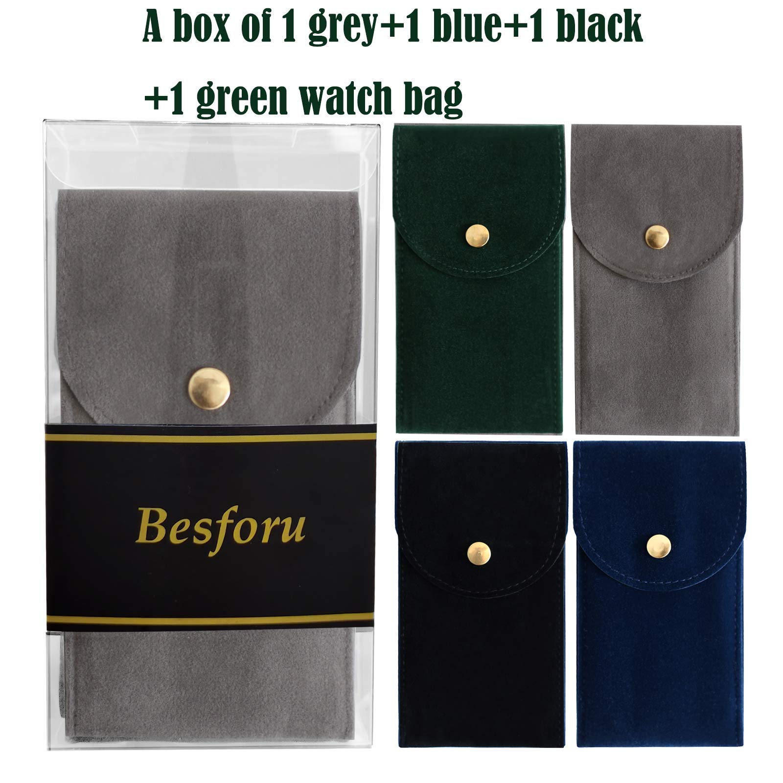 Besforu 4 PCS Watch Travel Case for Men and Women Portable Velvet Watch Pouch Watch Storage Bag and Organizer (1BLACK+1GREEN+1BL