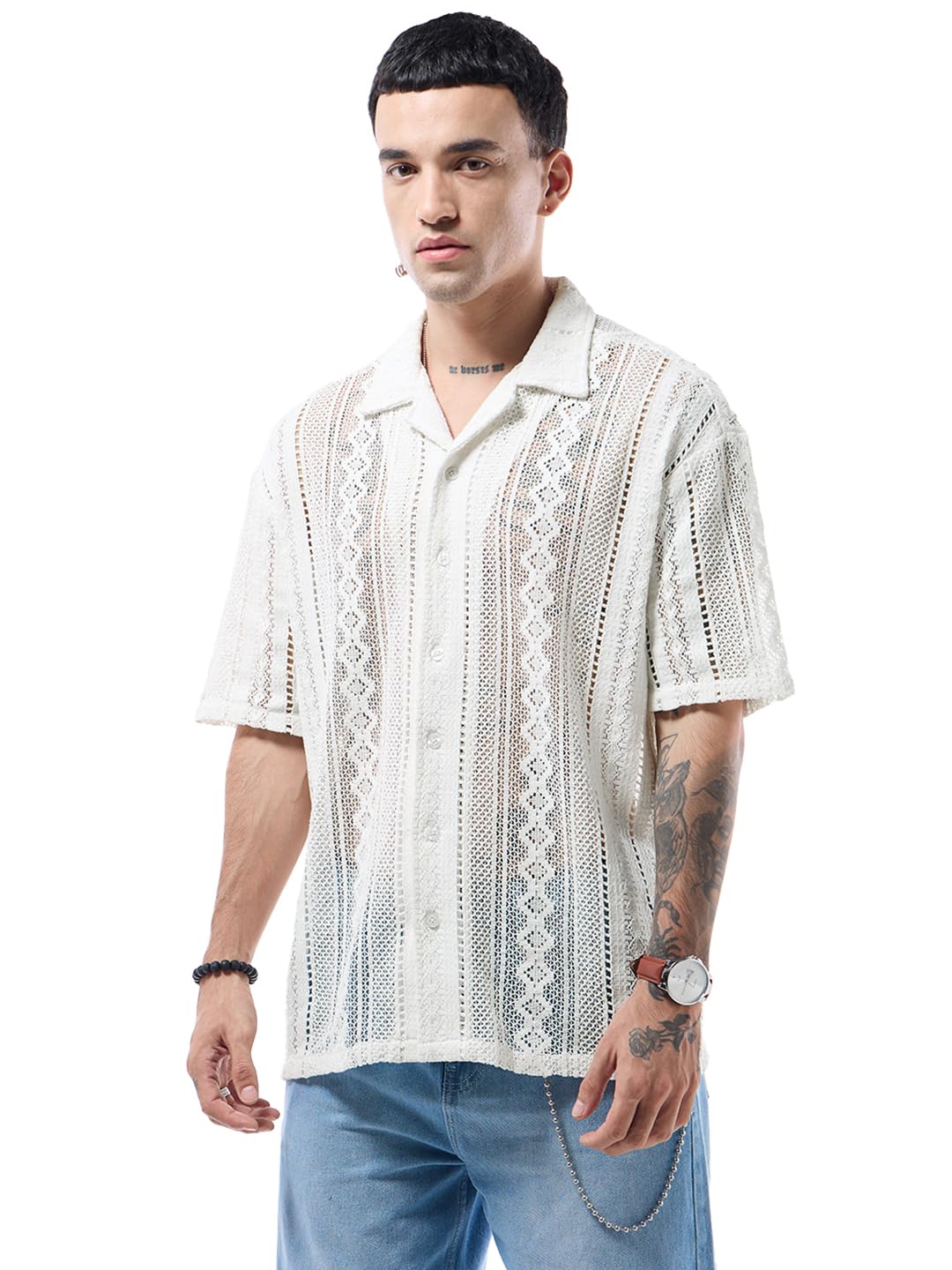 Bewakoof MenS Self Design Oversized Fit Half Sleeve Resort Collar Pure Cotton Crochet Shirt_633635_Beige_2Xl