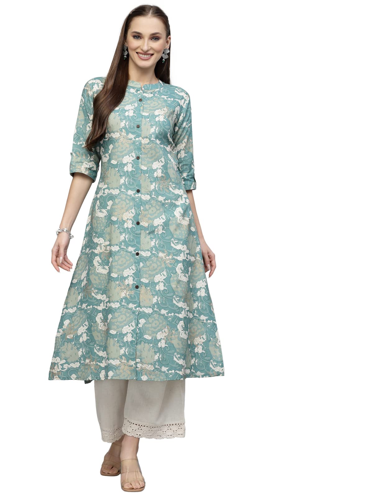 Stylum Womens Printed Rayon A-Line Kurta (PINESHARK44_Turquoise, XXL)