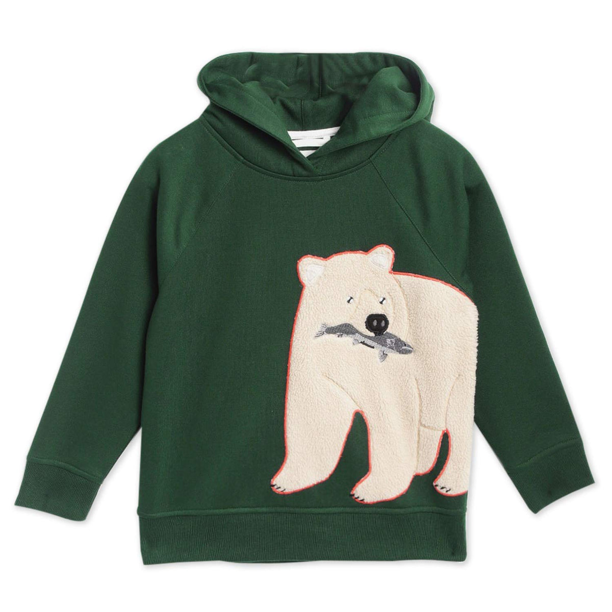 CHERRY CRUMBLE Dark Green Solid Applique Fleece Cotton Blend Boys & Girls Casual Bear Winter Warm Pullover Hooded Sweatshirt | S 18-24