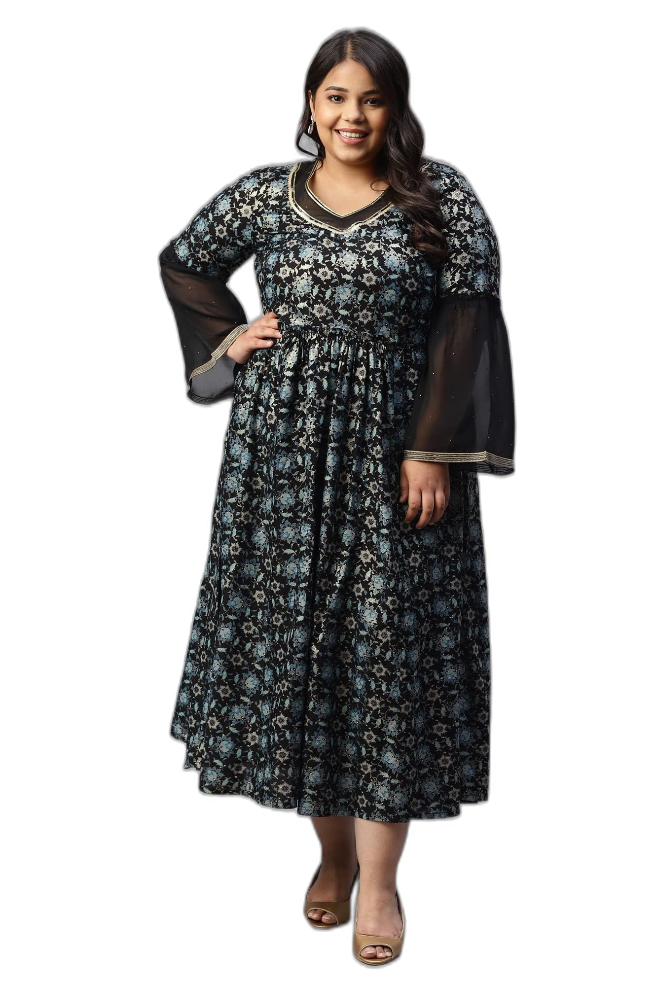 Aurelia Women Liquorice Rayon Floral Printed A-Line Dress_22AUA13593P-505183_3XL Black