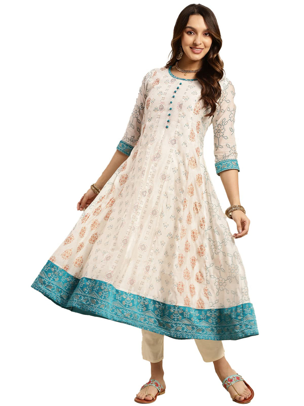 rangita Off White Chanderi Calf Length Printed Flared Kurti for Women | Kurta for Women_S