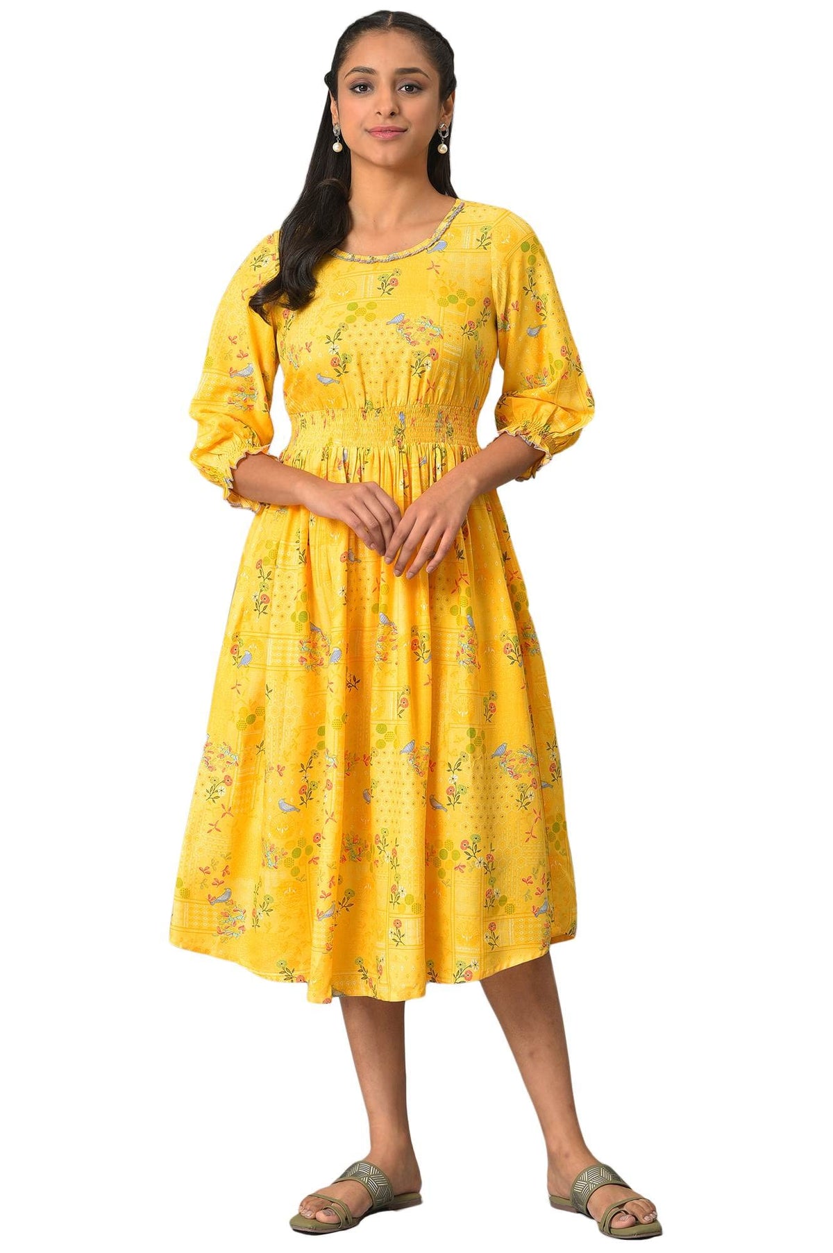 Aurelia Womens Cotton A-Line Midi Dress (23FEA13966-506741_Yellow