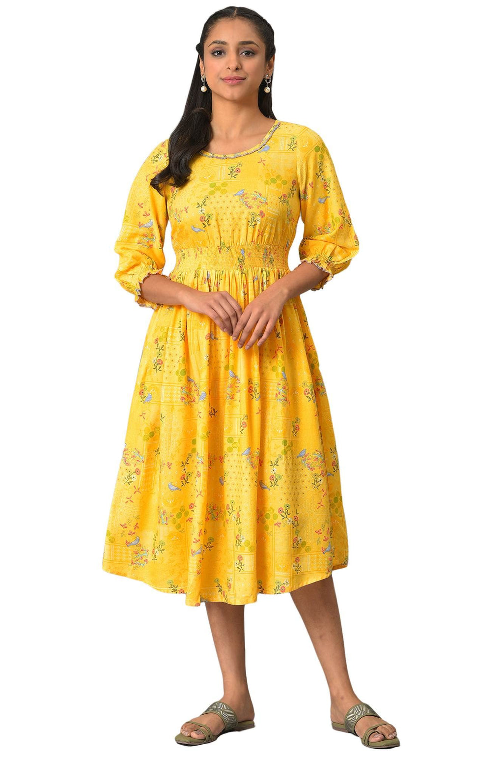 Yellow A-Line Printed Summer Dress