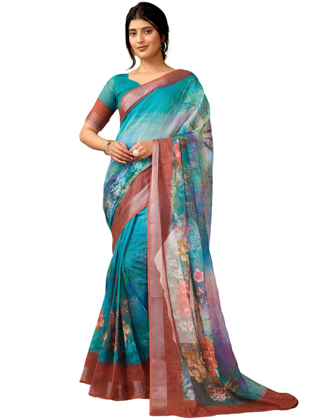Satrani Womens Linen Printed & Zari Border Ready To Wear One Minute Pre Pleated Readymade Saree with Unstitched Blouse Piece (3