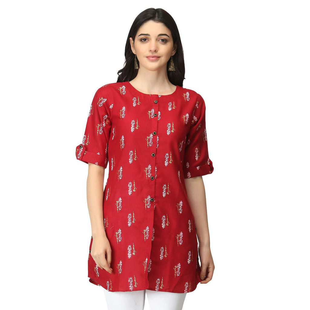 Leriya Fashion Rayon Fabric Printed Round Neck Short Kurtis For Women Top Dresses Kurti For Girls & Ladies Kurtis (X-Large, Red)