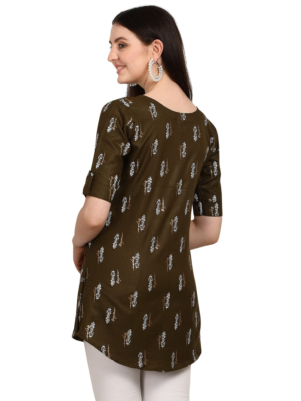 Leriya Fashion Rayon Fabric Printed Round Neck Short Kurtis For Women Top Dresses Kurti For Girls & Ladies Kurtis (Medium, Brown
