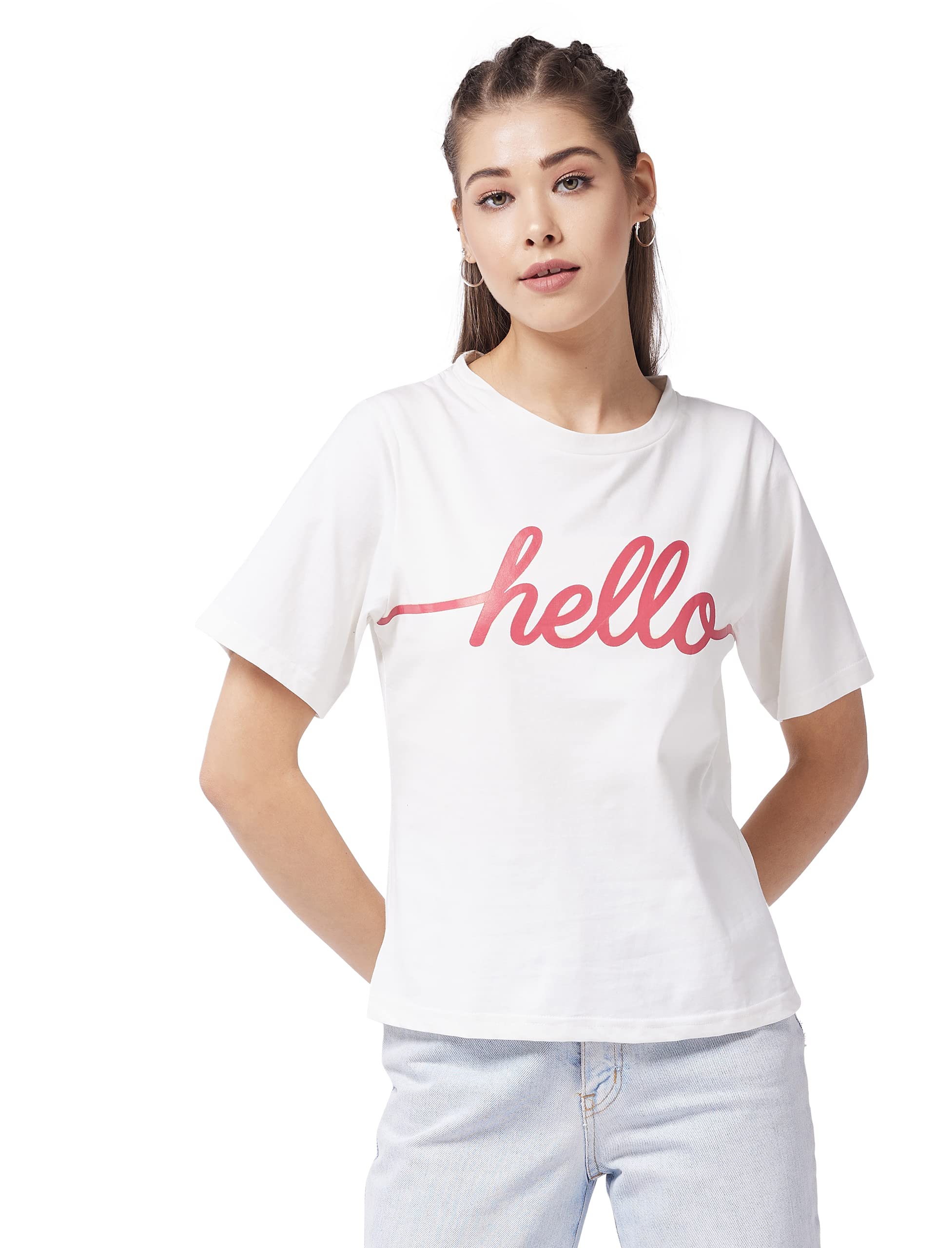 Miss Chase Womens White Round Neck Short Sleeve Solid Regular T-Shirt (MCAW21NW07-24-82-06, White, XL)