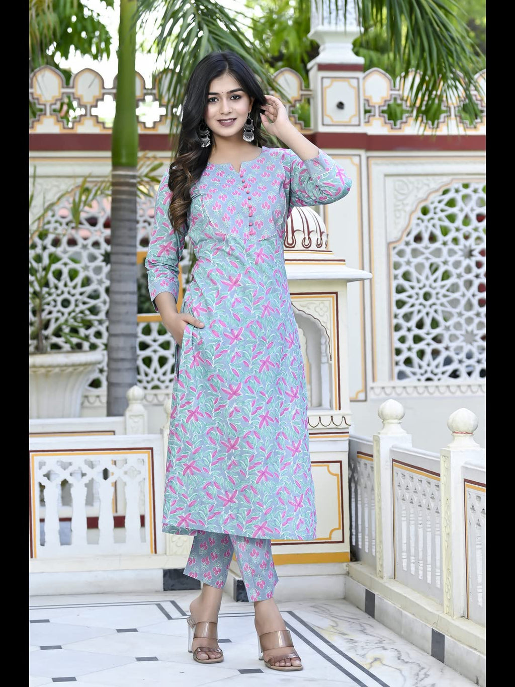 Gosriki Women'S Cotton Blend Printed Straight Kurta With Pant (Tidhara Green-Cmd-Gs)