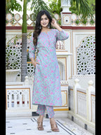 Gosriki Women'S Cotton Blend Printed Straight Kurta With Pant (Tidhara Green-Cmd-Gs)