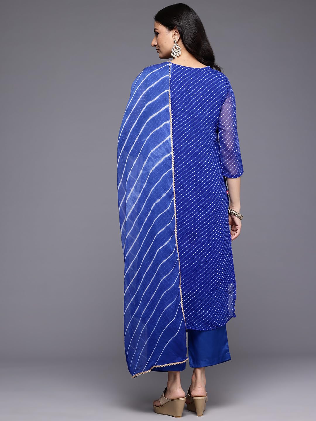 Varanga Women Navy Blue Bandhani Zari Emboridered Kurta Set With Dupatta